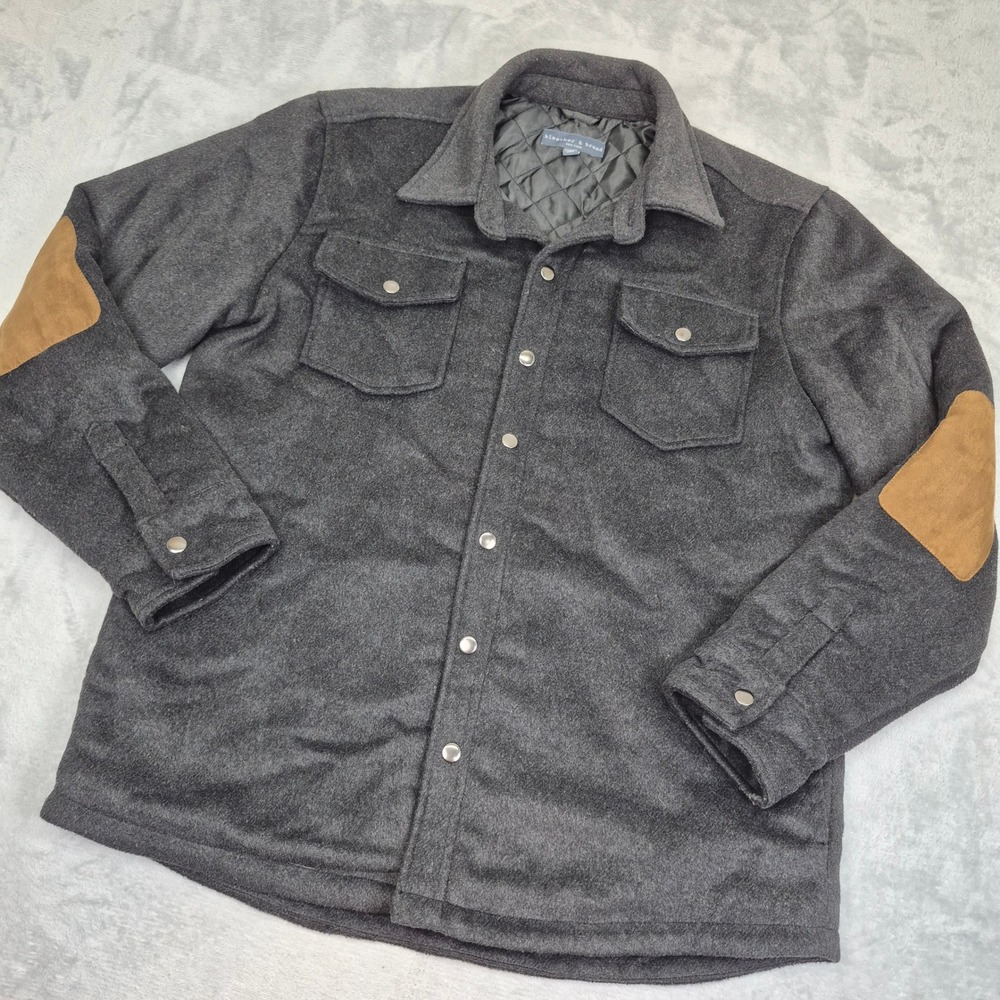Bleecker & Broad Men L Charcoal Grey Wool Blend Quilted Shirt Jacket Elbow Patch